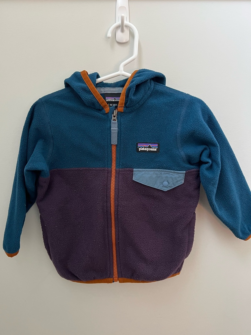 Patagonia Kids Hooded Fleece Jacket in Teal, Purple & Orange Trim